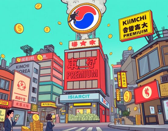 A cartoon showing crypto arbitrage fueling illegal forex transactions in South Korea, highlighting the Kimchi premium.