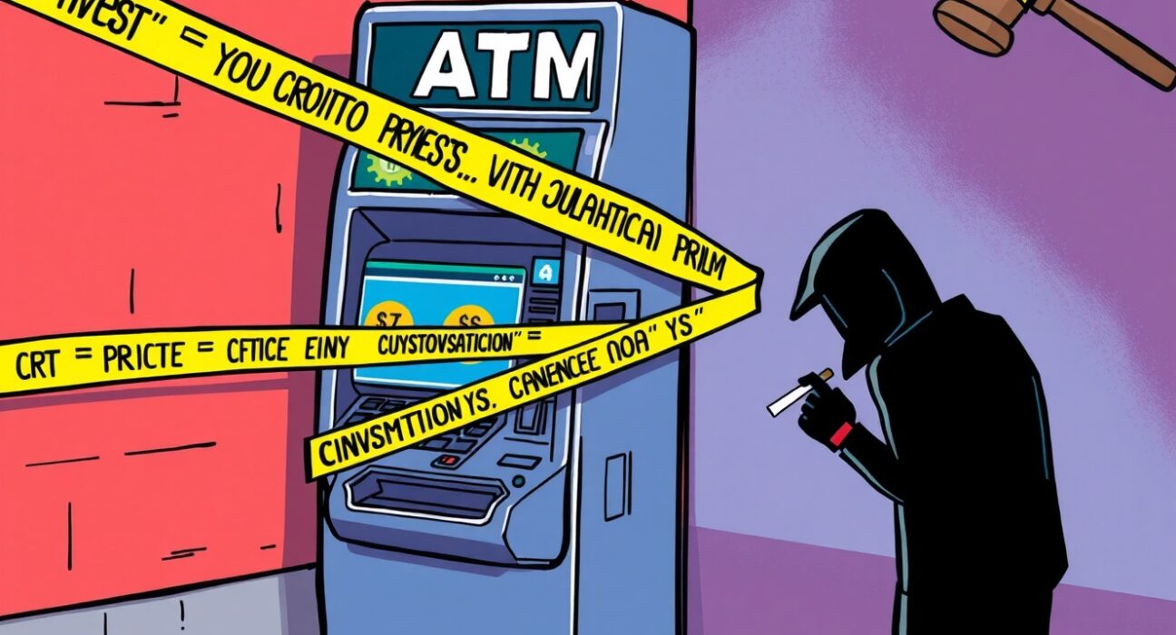 A cartoon image illustrating the legal challenges facing a crypto ATM operator, highlighting the need for vigilance in the crypto ATM sector.