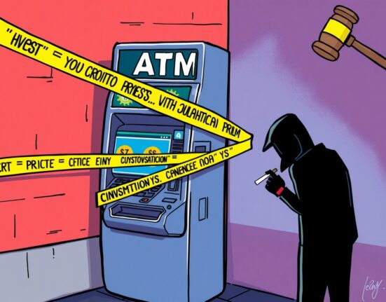 A cartoon image illustrating the legal challenges facing a crypto ATM operator, highlighting the need for vigilance in the crypto ATM sector.