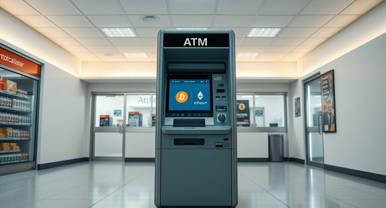 Crypto ATM machine in a brightly lit retail setting, representing the growing regulatory scrutiny across U.S. states.