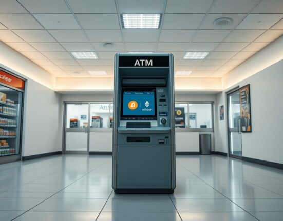 Crypto ATM machine in a brightly lit retail setting, representing the growing regulatory scrutiny across U.S. states.