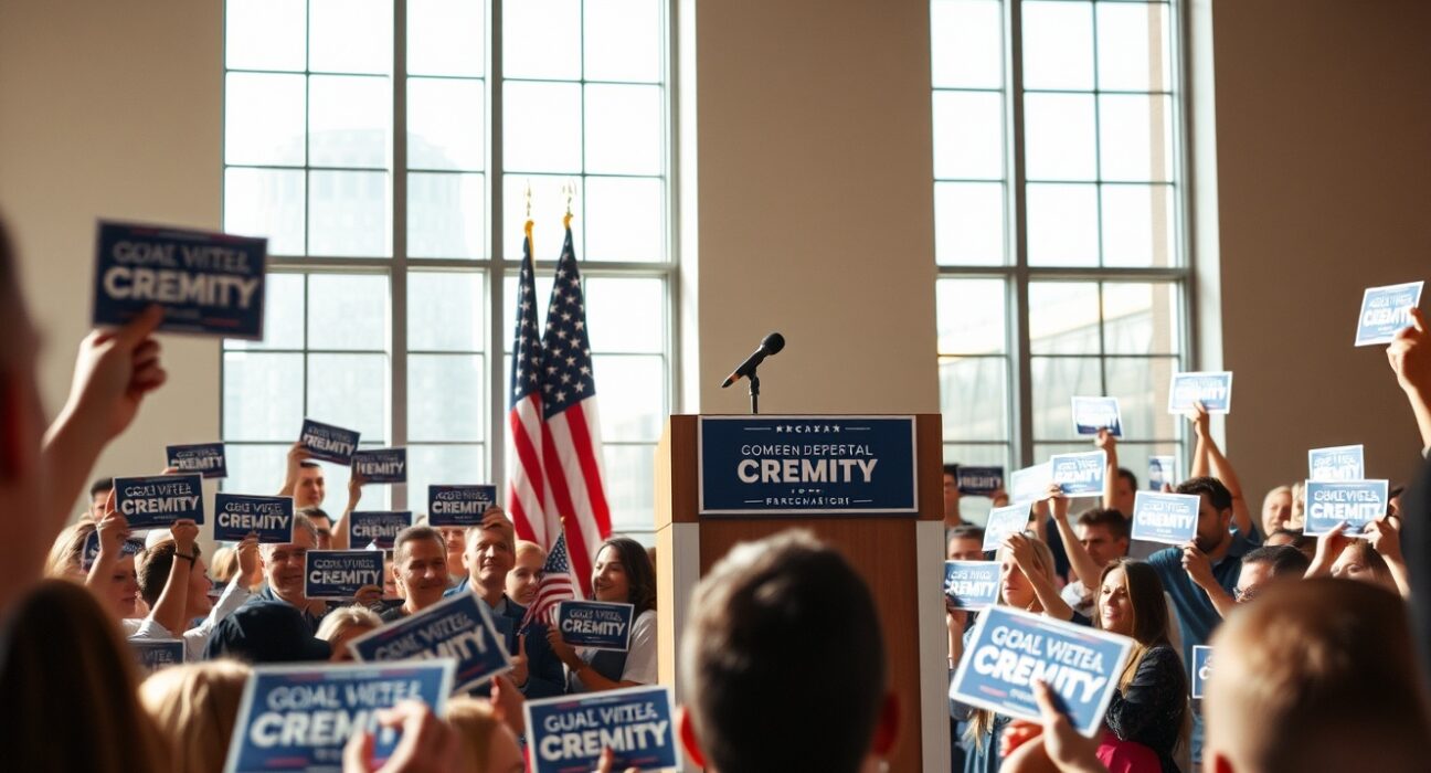 Political campaign event with supporters holding signs at a primary election rally