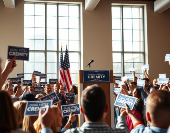 Political campaign event with supporters holding signs at a primary election rally