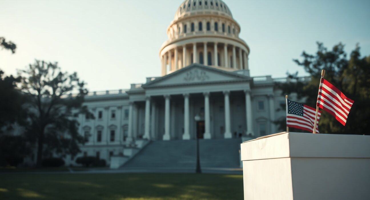U.S. Capitol building with a ballot box in foreground, symbolizing election and political influence.