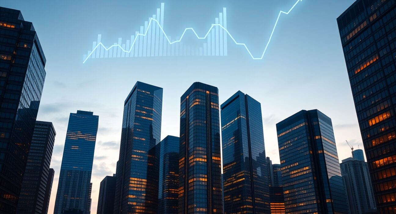 Crypto lending market decline illustrated with financial district skyline and digital charts
