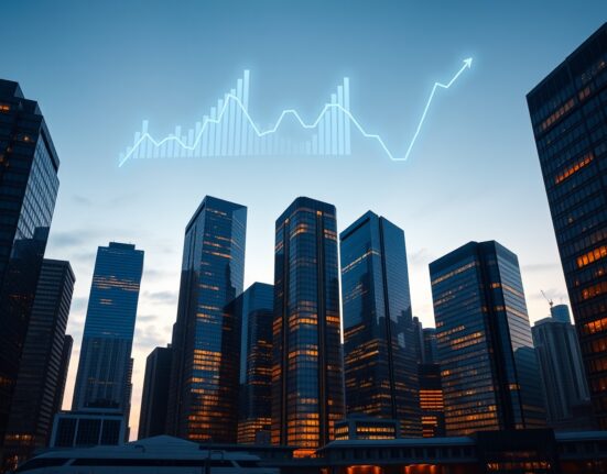 Crypto lending market decline illustrated with financial district skyline and digital charts