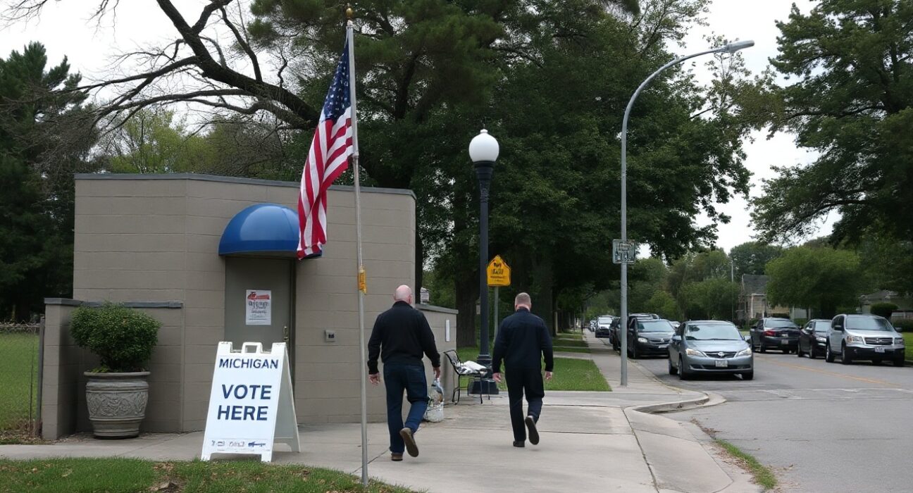 Voters enter a Michigan polling station on primary day, reflecting the Democratic primary outcome.