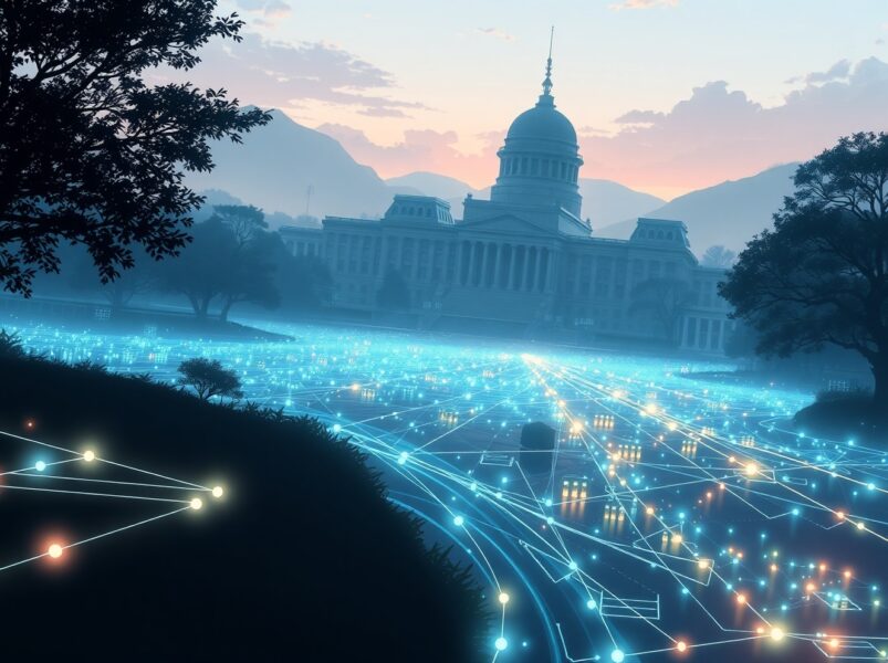 Changpeng Zhao's stance on crypto bailouts and regulatory debate visualized as opposing architectural forces.