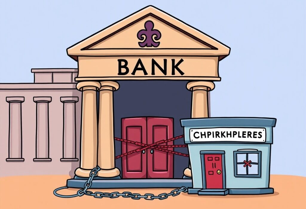 An illustration symbolizing a major bank's refusal to onboard a crypto exchange, highlighting the challenges in crypto banking access.