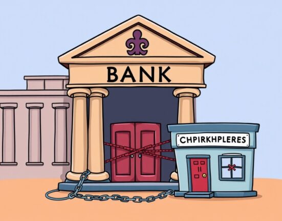 An illustration symbolizing a major bank's refusal to onboard a crypto exchange, highlighting the challenges in crypto banking access.