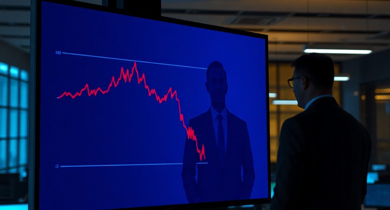 Bitcoin price chart on a screen in a newsroom with a silhouette of a business figure, representing market blame shifting to Strategy.