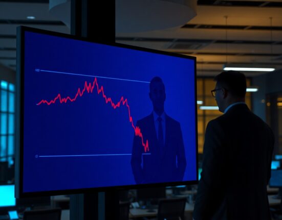 Bitcoin price chart on a screen in a newsroom with a silhouette of a business figure, representing market blame shifting to Strategy.