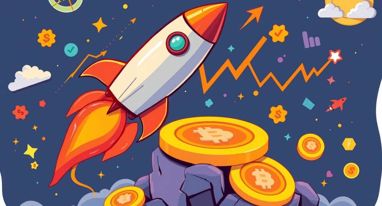 Crypto Blast single-stock ETF rocket launching from cryptocurrency platform with financial charts