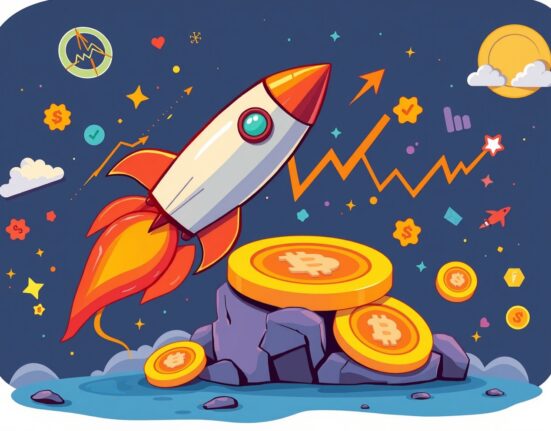 Crypto Blast single-stock ETF rocket launching from cryptocurrency platform with financial charts