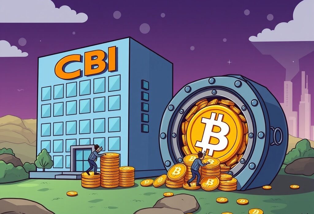 A cartoon illustration of Crypto Blockchain Industries making a significant Bitcoin acquisition, highlighting their strategic move into the crypto market.