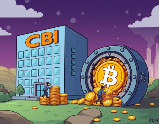 A cartoon illustration of Crypto Blockchain Industries making a significant Bitcoin acquisition, highlighting their strategic move into the crypto market.