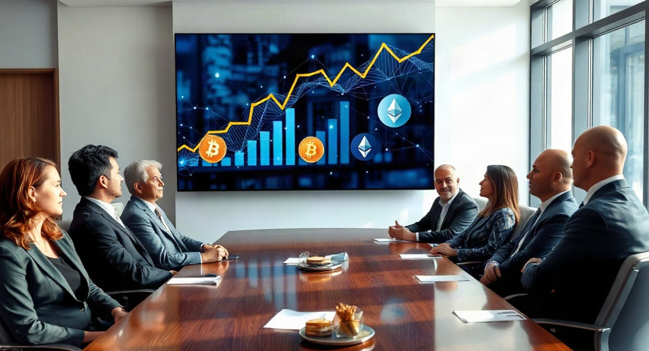 Financial executives in a boardroom reviewing a digital screen with cryptocurrency charts and blockchain visuals