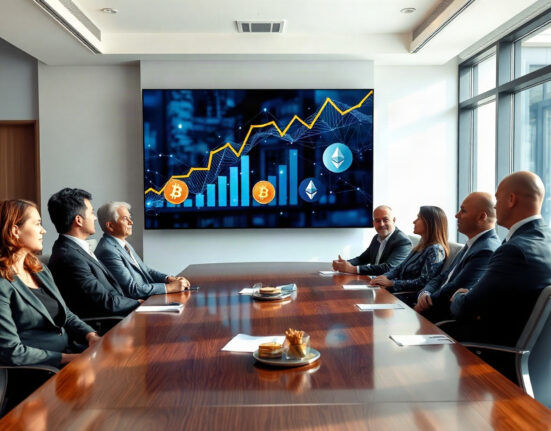 Financial executives in a boardroom reviewing a digital screen with cryptocurrency charts and blockchain visuals