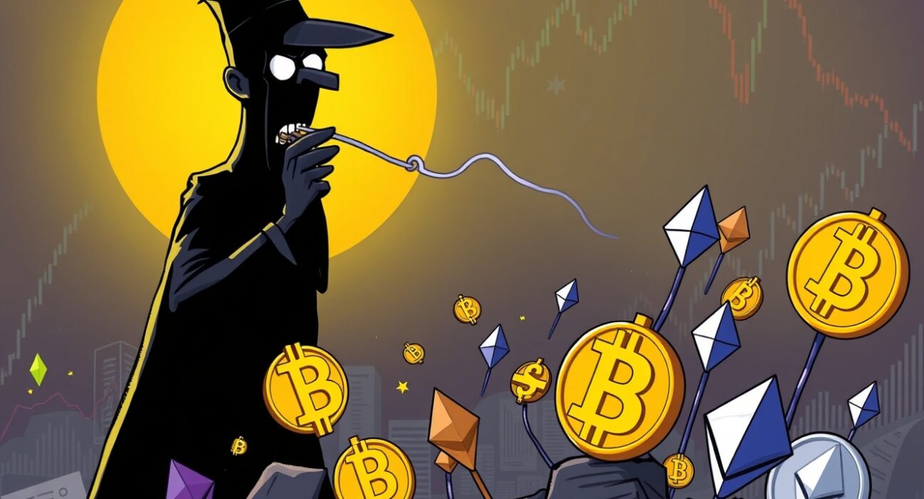 Cartoon of a hidden financial injection fueling a massive crypto bull market surge, as predicted by Arthur Hayes.