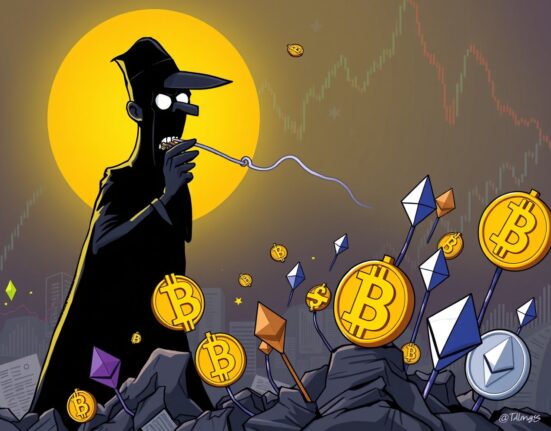 Cartoon of a hidden financial injection fueling a massive crypto bull market surge, as predicted by Arthur Hayes.