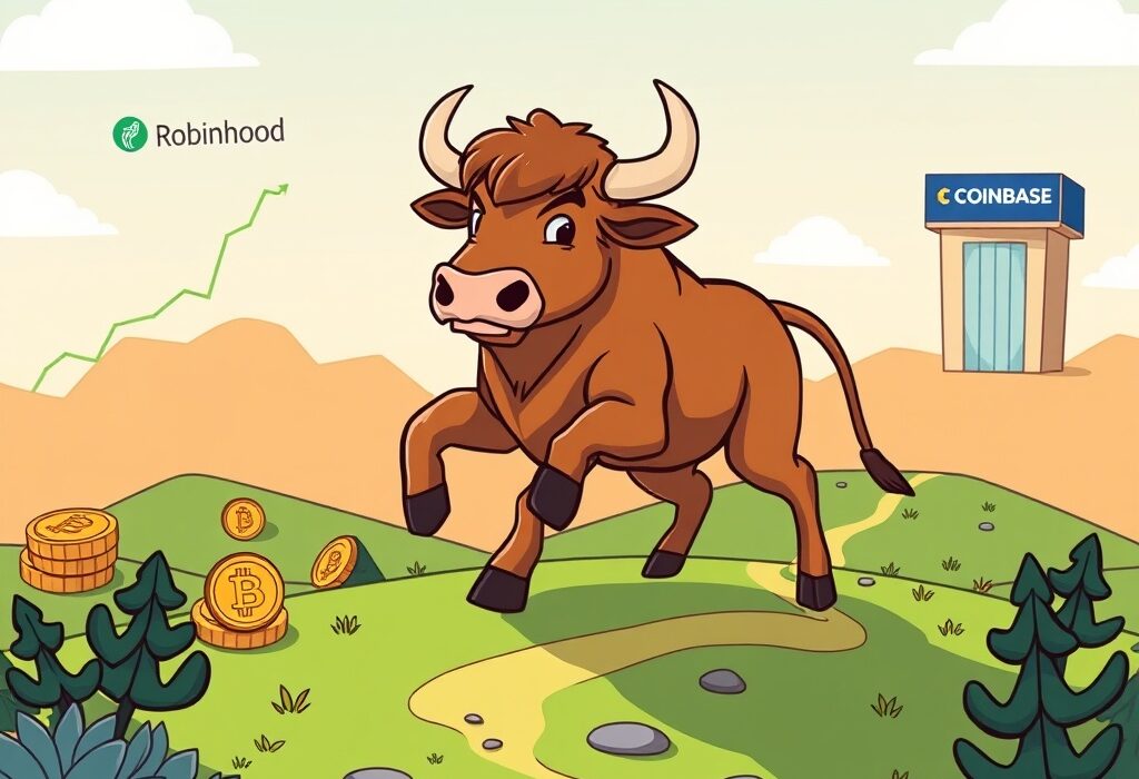 A strong bull symbolizing the crypto bull market charging forward, with digital platforms like Robinhood and Coinbase ready to capitalize on growth.