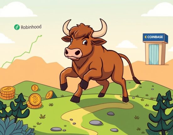A strong bull symbolizing the crypto bull market charging forward, with digital platforms like Robinhood and Coinbase ready to capitalize on growth.