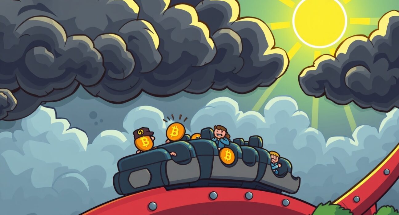 Cartoon illustration showing the crypto bull market emerging from periods of fear and decline like a rollercoaster exiting a storm.