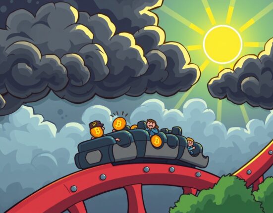 Cartoon illustration showing the crypto bull market emerging from periods of fear and decline like a rollercoaster exiting a storm.