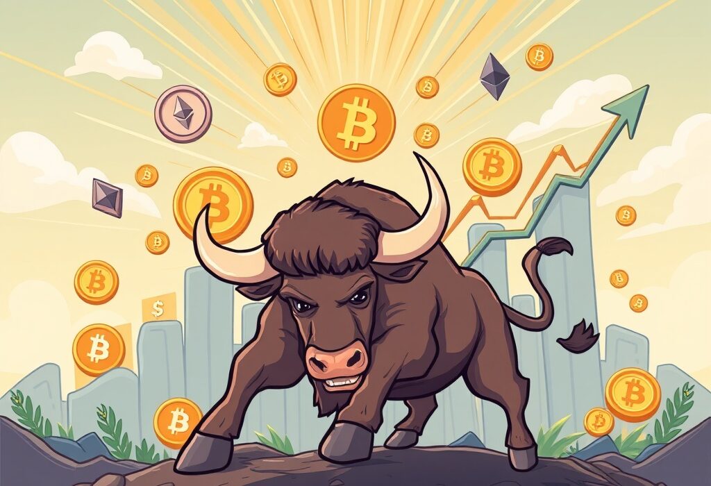 A powerful bull charging upwards, symbolizing the anticipated crypto bull run and positive market momentum.
