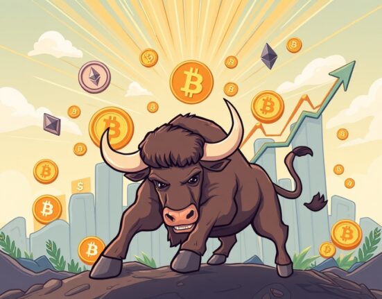 A powerful bull charging upwards, symbolizing the anticipated crypto bull run and positive market momentum.