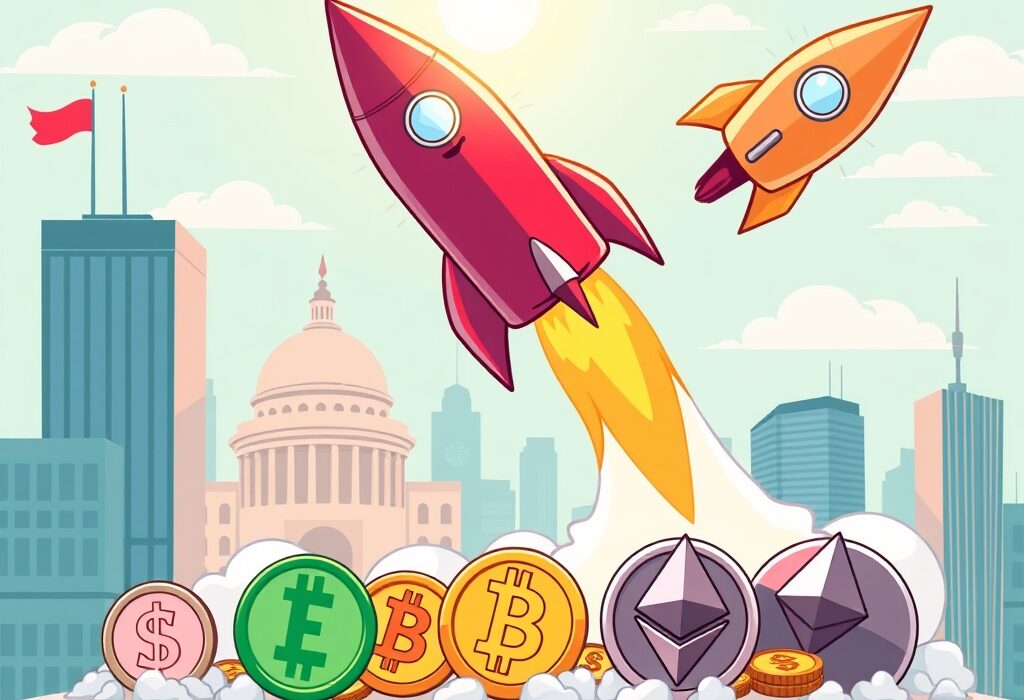 A cartoon illustration symbolizing the powerful crypto bull run, driven by institutional adoption and policy support, reaching new heights.