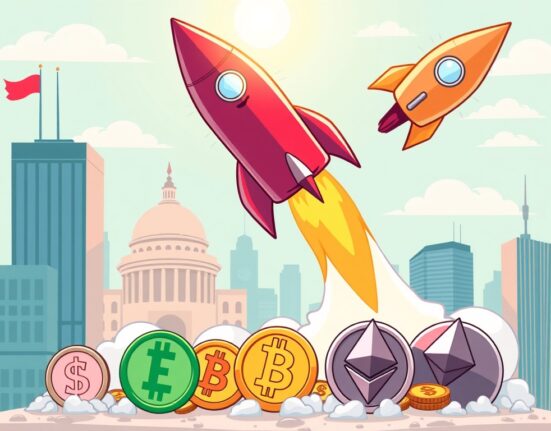 A cartoon illustration symbolizing the powerful crypto bull run, driven by institutional adoption and policy support, reaching new heights.