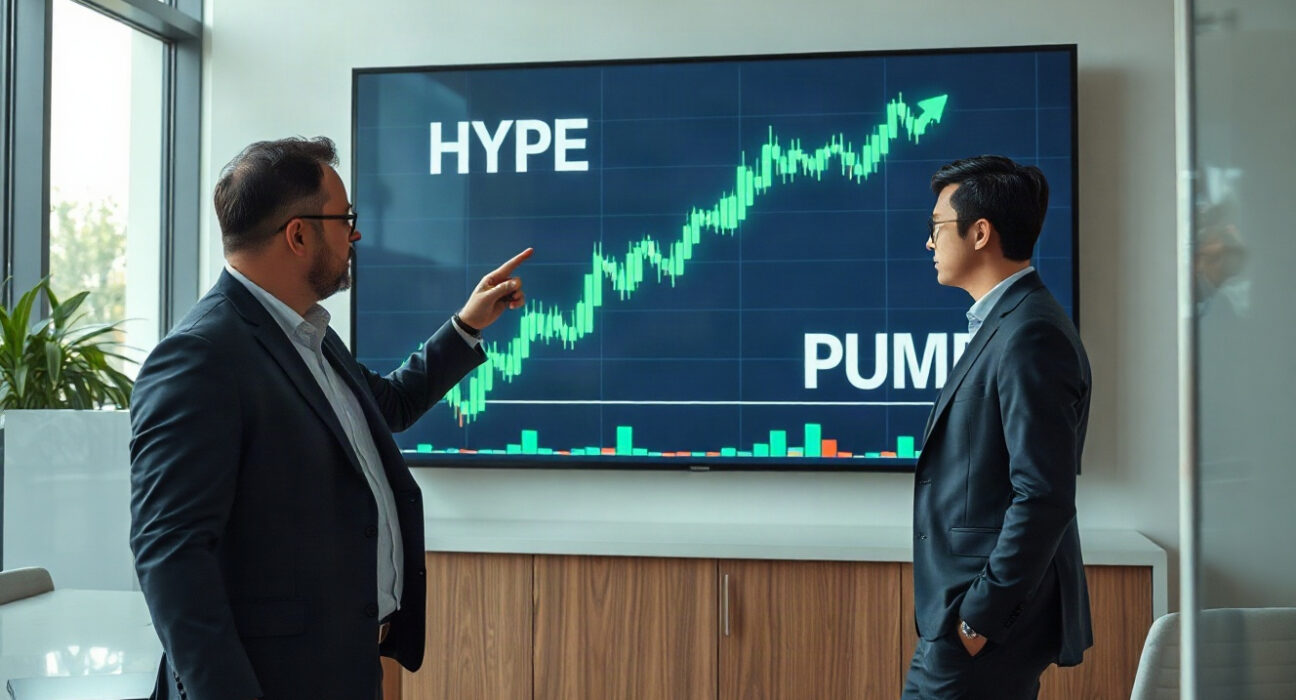 Financial analysts observing a rising crypto chart in a modern office, representing record buybacks.