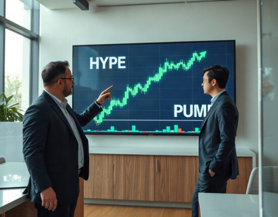 Financial analysts observing a rising crypto chart in a modern office, representing record buybacks.