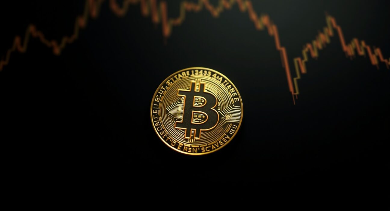 Crypto buying opportunity visualized by a glowing Bitcoin coin on a dark chart background, representing market indifference and a golden entry point.