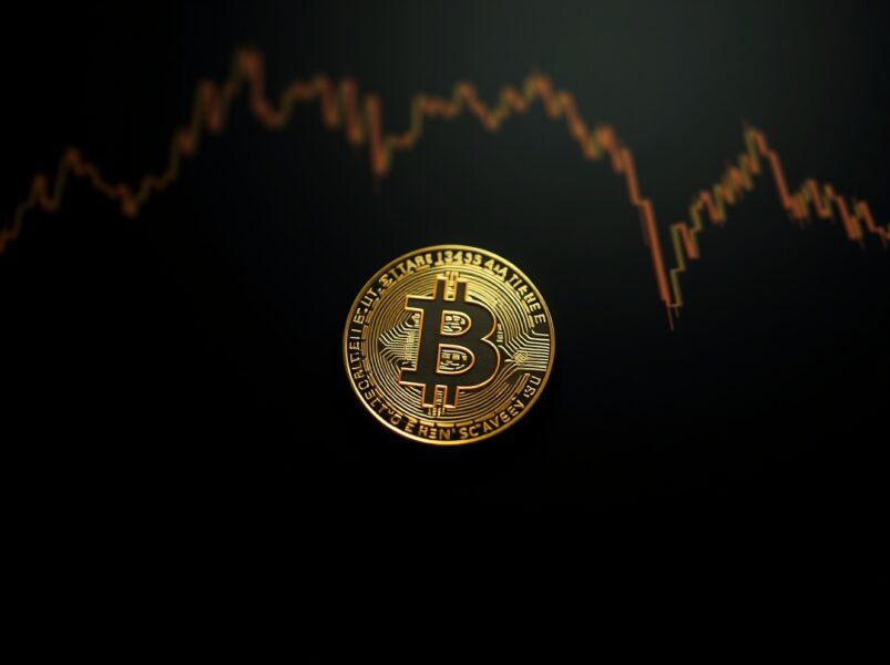 Crypto buying opportunity visualized by a glowing Bitcoin coin on a dark chart background, representing market indifference and a golden entry point.