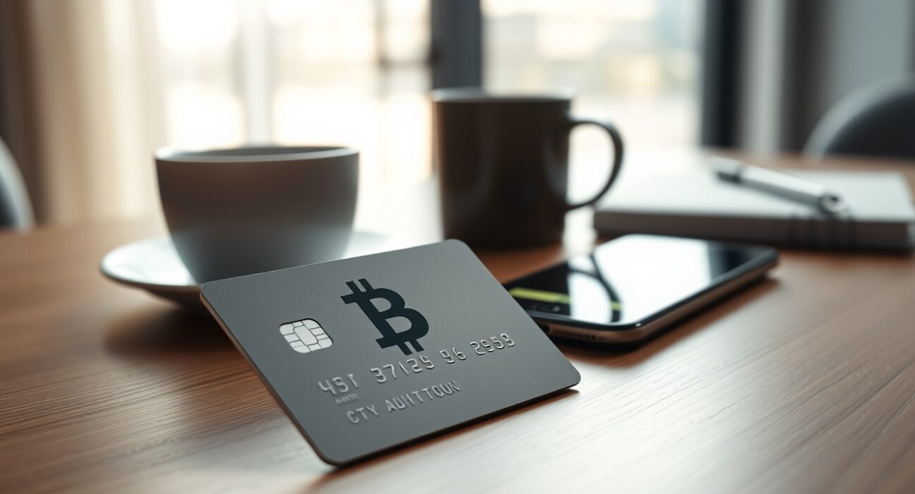 Crypto card payment volume growth illustrated by a modern credit card with Bitcoin symbol on a desk