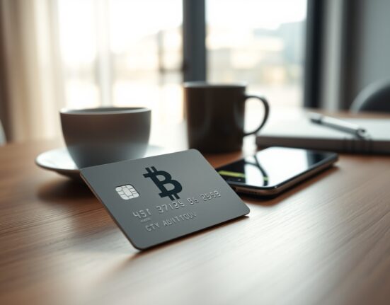Crypto card payment volume growth illustrated by a modern credit card with Bitcoin symbol on a desk