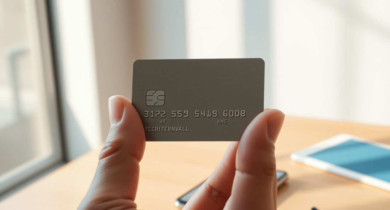A cryptocurrency debit card held near a smartphone with a digital wallet app in the background.