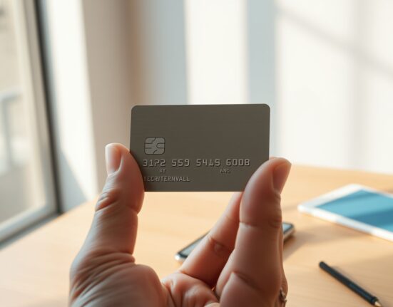 A cryptocurrency debit card held near a smartphone with a digital wallet app in the background.