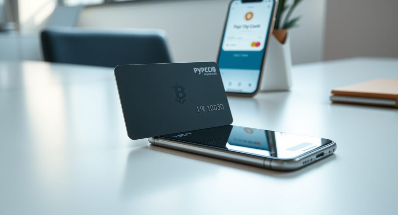 Crypto payment card on a desk with a smartphone, representing digital asset spending