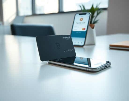 Crypto payment card on a desk with a smartphone, representing digital asset spending