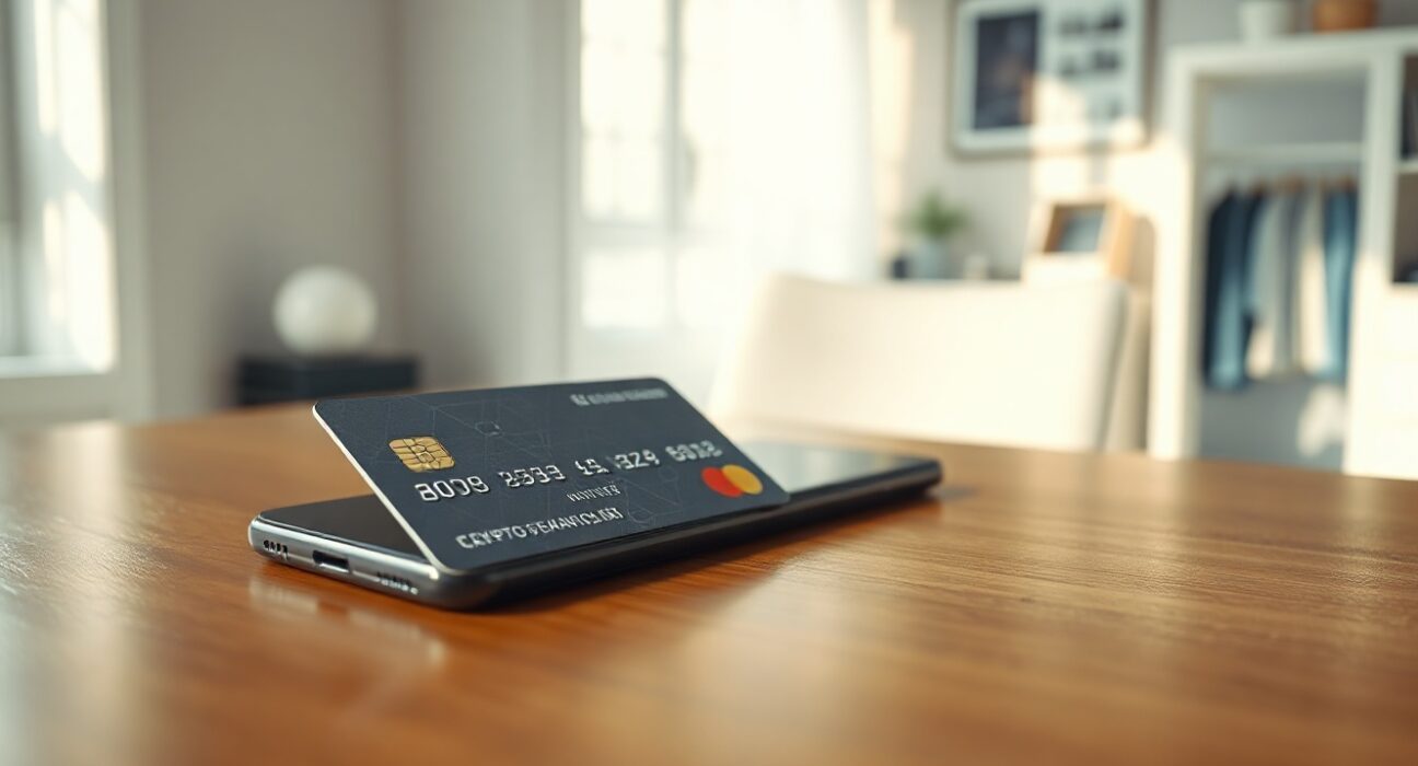 Crypto debit card on desk next to smartphone showing payment confirmation, illustrating growth in digital asset payments.
