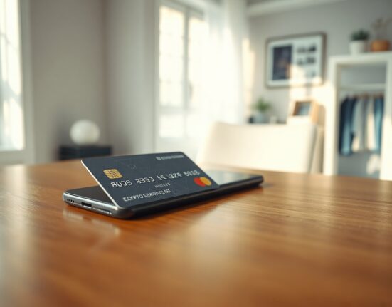 Crypto debit card on desk next to smartphone showing payment confirmation, illustrating growth in digital asset payments.