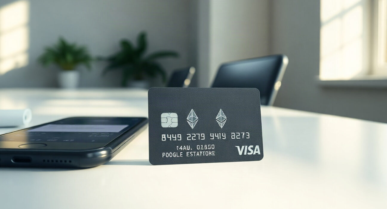 A modern cryptocurrency payment card on a desk with a smartphone showing a payment confirmation.