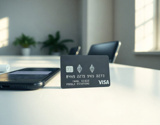 A modern cryptocurrency payment card on a desk with a smartphone showing a payment confirmation.