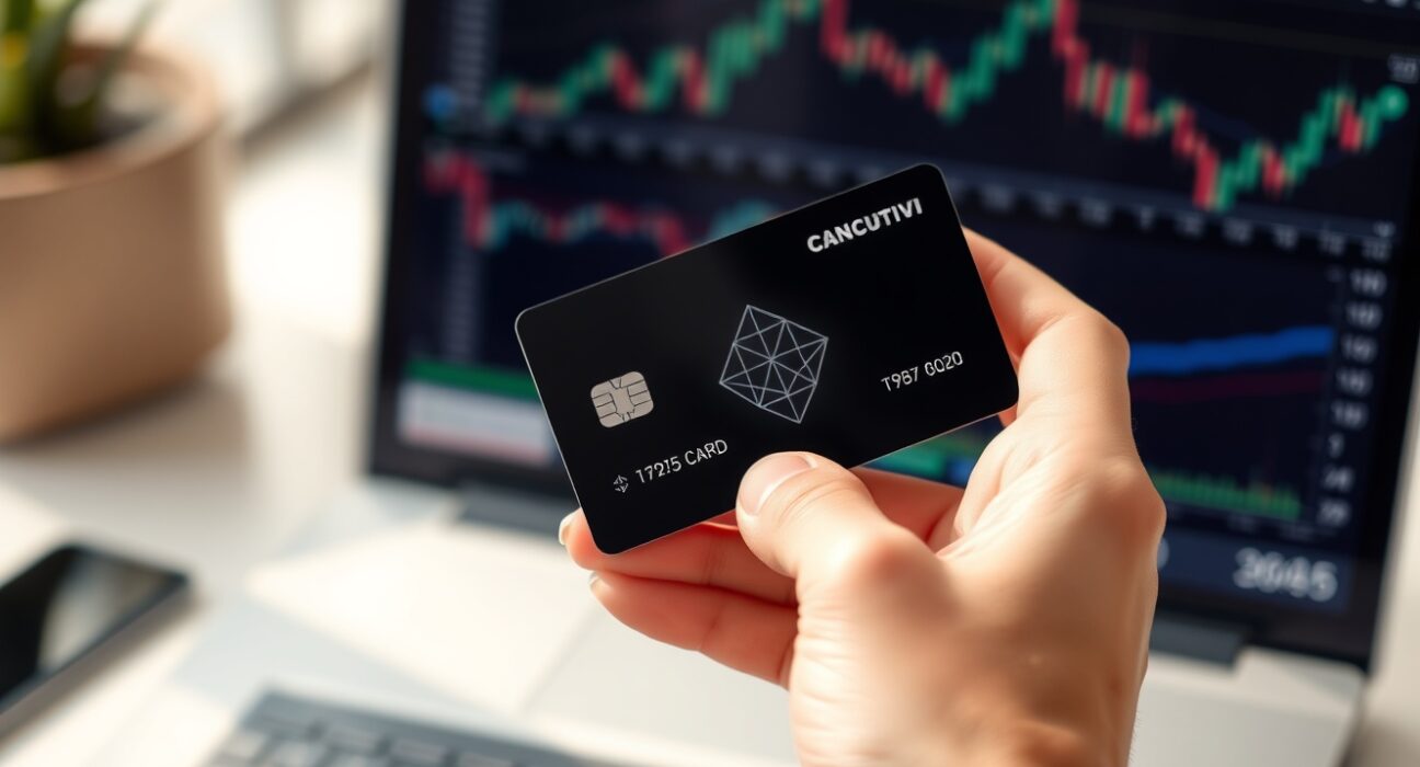 Hand holding a crypto debit card in front of a laptop with financial charts, symbolizing card service suspension.
