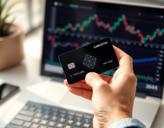 Hand holding a crypto debit card in front of a laptop with financial charts, symbolizing card service suspension.