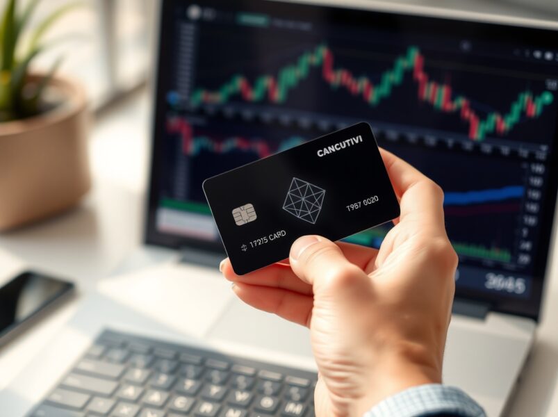 Hand holding a crypto debit card in front of a laptop with financial charts, symbolizing card service suspension.