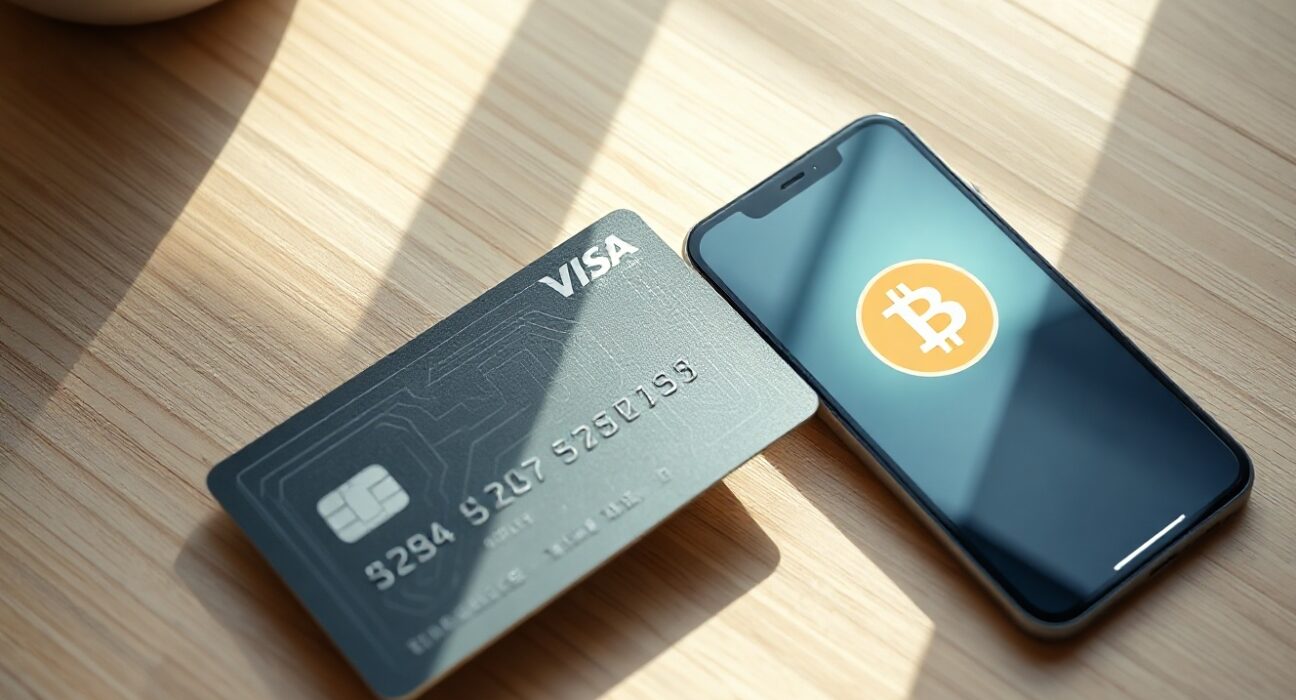 A modern crypto payment card and smartphone with a digital wallet app on a desk